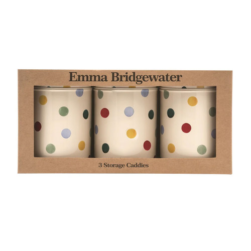 Emma Bridgewater Polka Dot storage caddies set of three in eco-friendly cardboard gift box, featuring colourful spotty design on cream background.