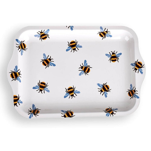 Rectangular serving tray with cream background decorated with repeating bumblebee pattern in yellow, black, and blue.