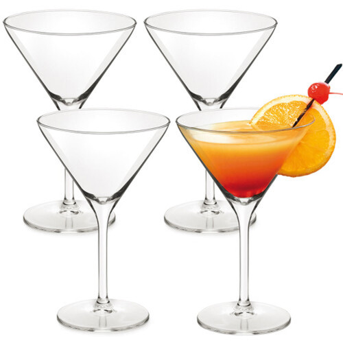 Set of four martini cocktail glasses with one filled with a colourful drink garnished with orange slice and cherry