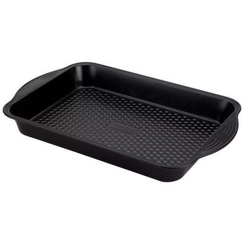 Black non-stick roasting tin with textured AeroLift cushioned base for improved cooking