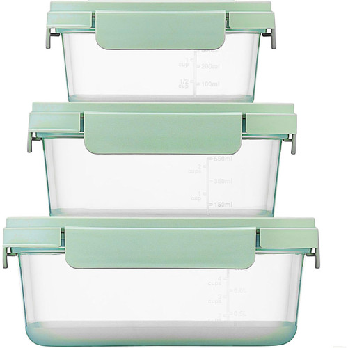 Three transparent LocknLock containers with sage green lids, shown stacked together with measurement markings visible.