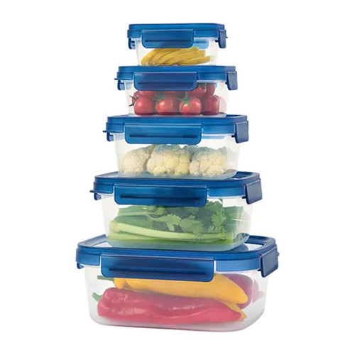 Stacked food storage containers with blue lids filled with assorted fresh vegetables