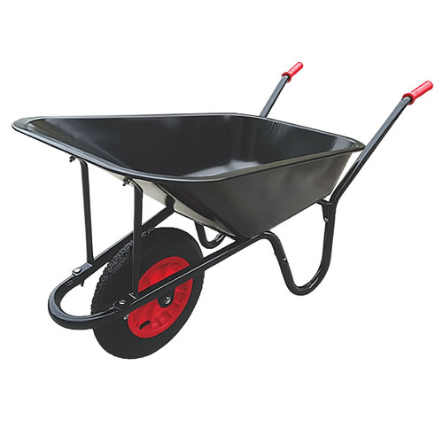 Black steel wheelbarrow with red wheel and handles, ideal for gardening and DIY projects