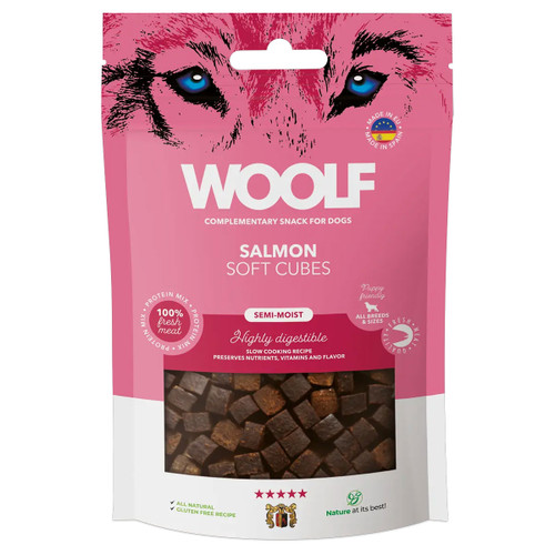 Woolf salmon soft cubes semi-moist dog treats in pink resealable pack, natural grain-free snack for all breeds