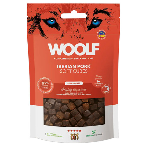 Woolf Iberian pork soft cubes semi-moist dog treats in red resealable pouch, natural grain-free snack for all breeds