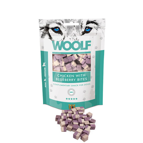 Woolf chicken with blueberry bites dog treats in teal resealable pouch, natural grain-free snack with real chicken and blueberry