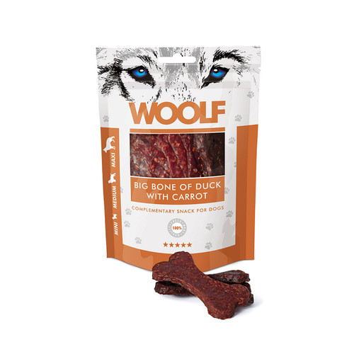 Woolf big bone duck with carrot dog treats in resealable bag, natural grain-free chew snack for medium and large dogs