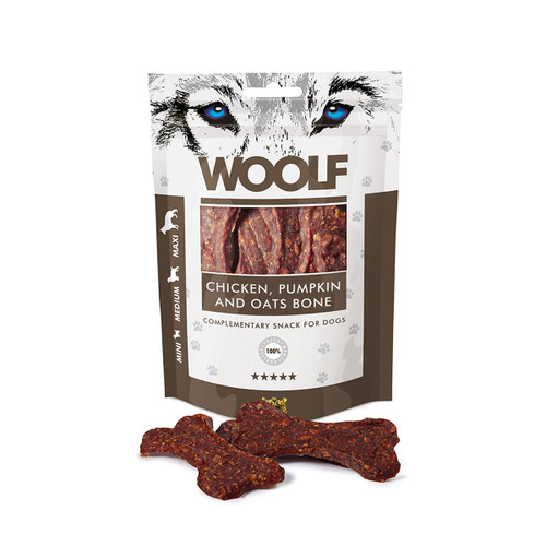 Woolf chicken pumpkin and oats bone dog treats in resealable pack, natural grain-free complementary snack shaped like bones