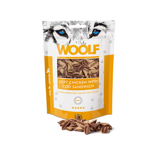 Woolf soft chicken with cod sandwich dog treats in resealable pack, natural chewy snack for all dog breeds