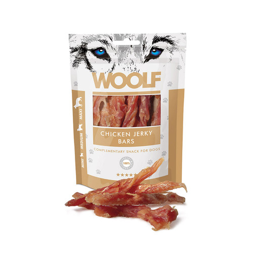 Woolf chicken jerky bars dog treats in resealable pack, natural chewy strips for dogs of all sizes
