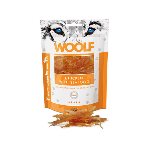 Woolf chicken with seafood dog and cat treats in resealable pack, natural chewy strips made with fresh meat and fish