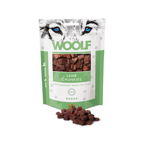Woolf lamb chunkies dog treats in resealable pouch, natural complementary snack for dogs, soft bite-sized lamb cubes