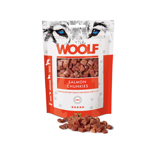 Woolf salmon chunkies dog treats in resealable pouch, natural complementary snack for dogs and cats, soft bite-sized salmon cubes