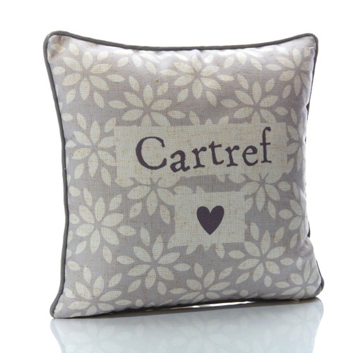 Welsh Cartref cushion with floral pattern – decorative grey scatter pillow with cream flower design and heart motif, perfect for home décor.
