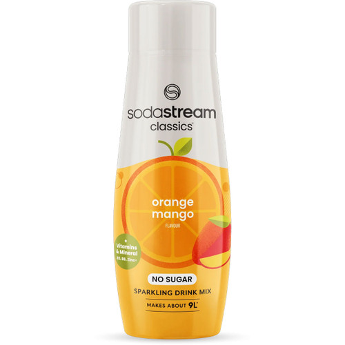Bottle of SodaStream Classics Orange Mango no-sugar sparkling drink mix, with orange and mango graphics on the label.