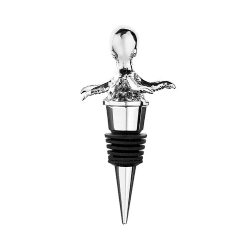 A sleek wine stopper with a shiny, abstract octopus design on top. The base is metallic with black rubber ridges. The tone is modern and elegant.