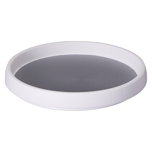 A white, round, plastic tray with a non-slip grey surface and small dotted texture. The tray's clean and minimal design conveys simplicity.