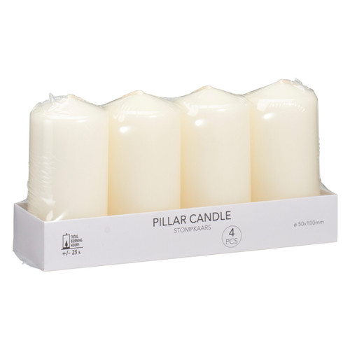 Four cream-colored pillar candles wrapped in clear plastic, packaged in a white box labeled "Pillar Candle, 4 pcs, 50x100mm." The design is simple and minimalist.