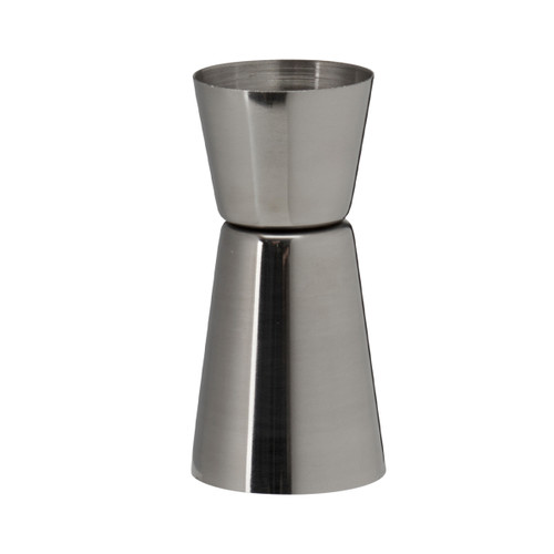 A stainless steel jigger with two conical cups of different sizes stacked on top of each other, used for measuring cocktail ingredients.