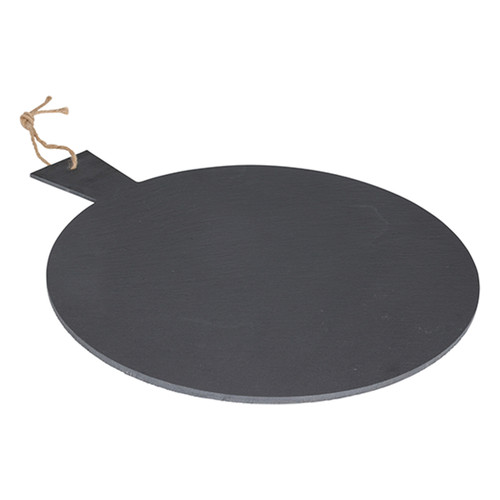 A round, dark slate board with a rectangular handle is shown against a white background. A small twine loop is tied through a hole in the handle.