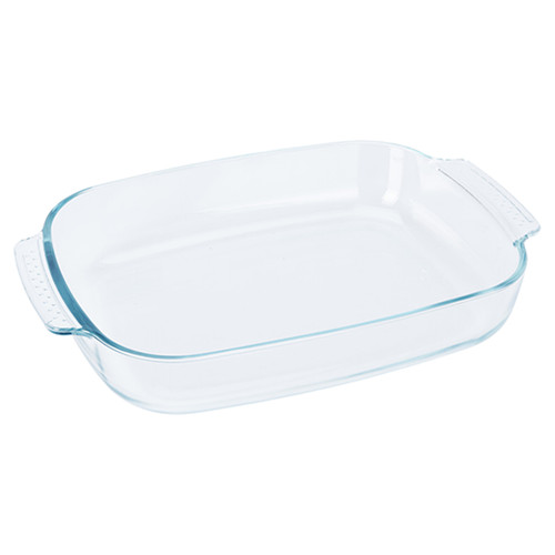 Transparent glass baking dish with slightly curved edges and wide handles on each side, set against a plain white background.