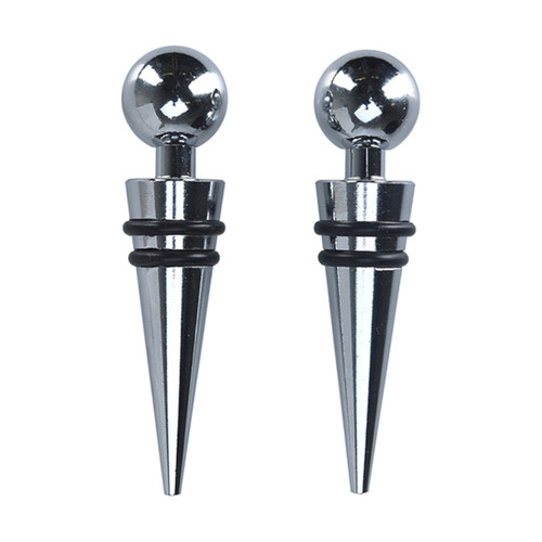 Two sleek silver bottle stoppers with pointed ends and spherical tops. Each stopper has two black rubber rings for a tight seal. Elegant and modern design.