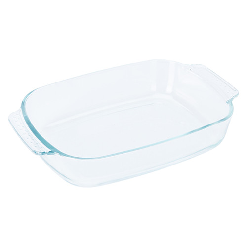 Clear rectangular glass baking dish with smooth edges and integrated handles on a white background, conveying simplicity and functionality.