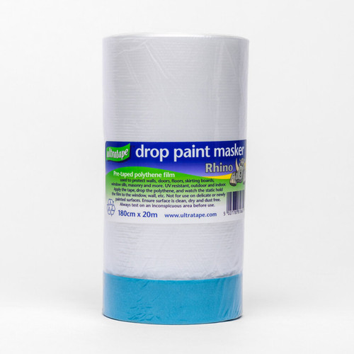 Ultratape Rhino drop paint masker roll with pre-taped polythene film, 180cm x 20m, used for protecting walls, doors, floors, and surfaces during painting.