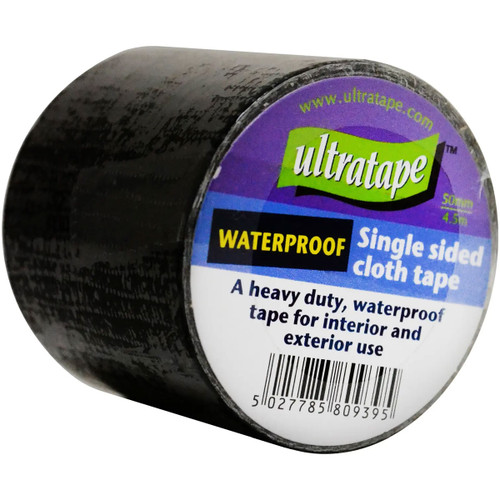 Ultratape waterproof single sided cloth tape 50mm x 4.5m heavy duty black adhesive roll for interior and exterior repair and sealing.
