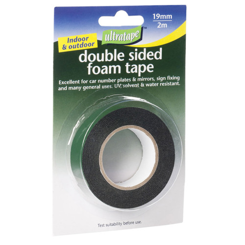 Ultratape double sided foam tape 19mm x 2m strong adhesive, UV, solvent and water resistant, ideal for car number plates, mirrors, sign fixing and indoor or outdoor use.