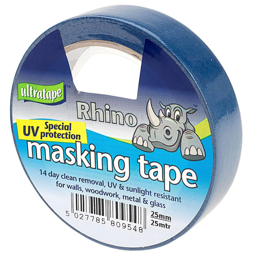 Ultratape Rhino blue masking tape with UV special protection, 25mm x 25m, clean removal and sunlight resistant for walls, woodwork, metal and glass.