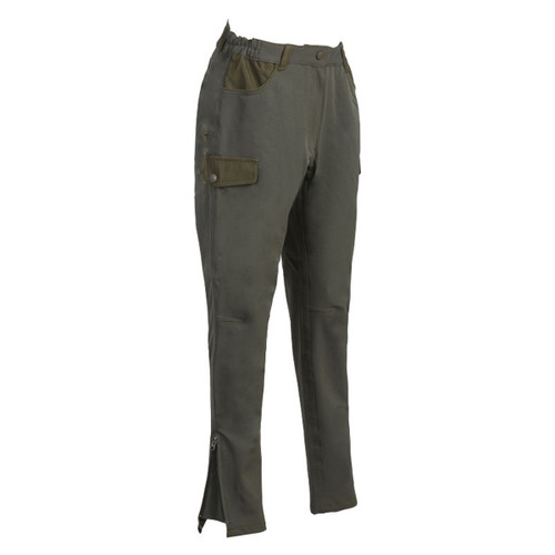 Dark olive hunting trousers with side pockets and knee pleats for flexibility. The gathered waist and zippered ankles suggest comfort and practicality.