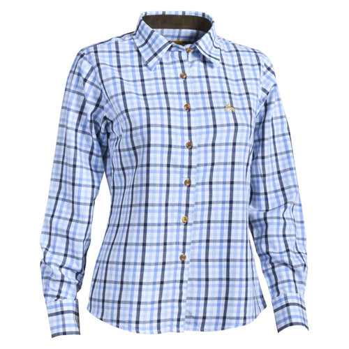 Blue and white checkered long-sleeve shirt with a collar and brown buttons, creating a classic, casual look. Suitable for both formal and informal settings.