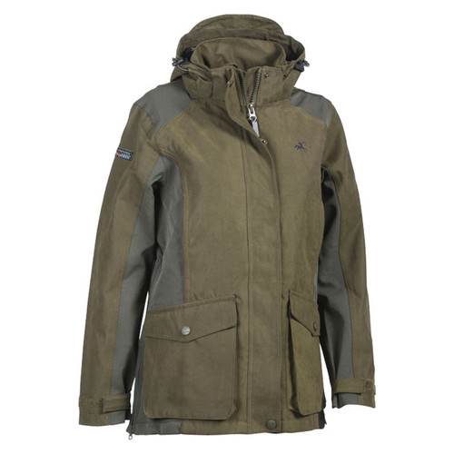 Olive green outdoor jacket with a high collar, hood, and large pockets. Design is rugged and practical for hiking or camping.