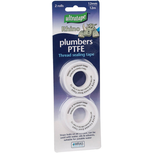 Blister pack of Ultratape Rhino plumbers PTFE thread sealing tape with two rolls, 12mm x 12m, WRAS approved, used for leak prevention in plumbing.