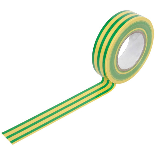 Roll of green and yellow striped PVC electrical insulation tape unrolled on a white background.