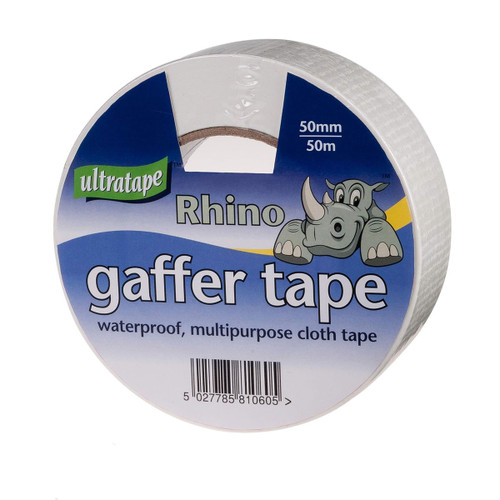 Ultratape Rhino white gaffer tape roll 50mm x 50m in packaging, waterproof multipurpose cloth tape for secure heavy-duty repairs and general applications.