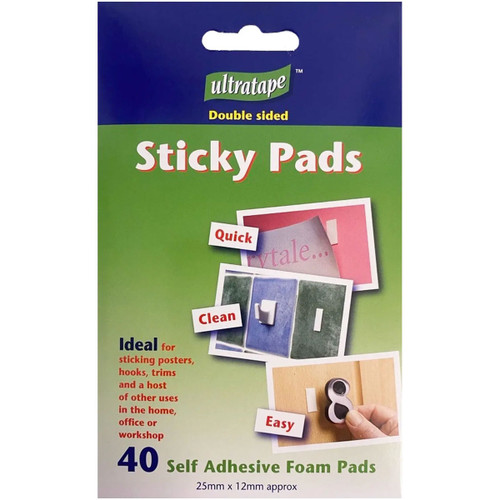 Ultratape Double Sided Sticky Pads pack containing 40 self-adhesive foam pads, size 25mm x 12mm, ideal for posters, hooks, trims, and other household or office uses.