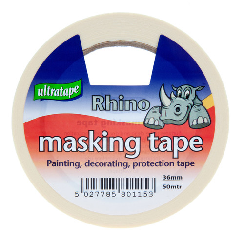 Ultratape Rhino masking tape, 36mm x 50m, with red, white, and blue packaging label. Designed for painting, decorating, and protection tasks.