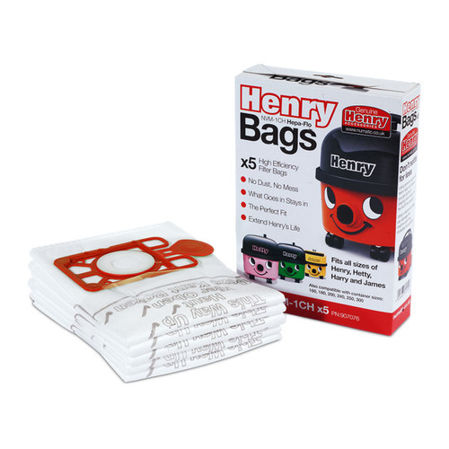 Packaging of "Henry Bags" featuring five high-efficiency vacuum bags with a playful cartoon design. Text highlights durability and fit for multiple models.