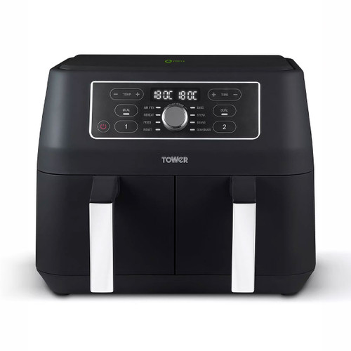 Sleek black dual-basket air fryer with digital display, buttons, and knobs for temperature and time settings. It emits a modern and efficient vibe.