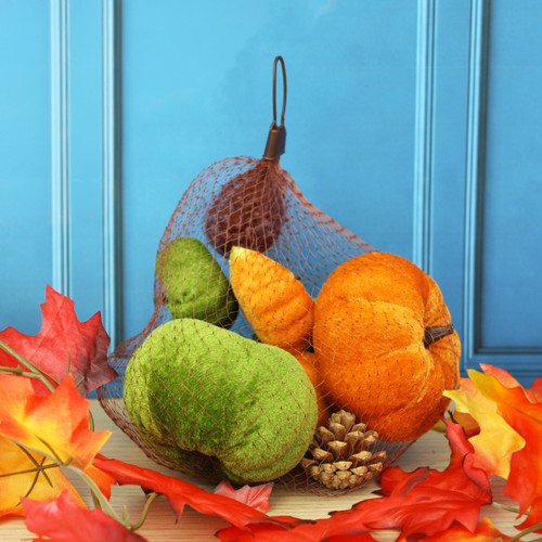 Mesh bag filled with assorted orange and green decorative pumpkins, gourds and pine cones, styled amongst colourful autumn leaves.