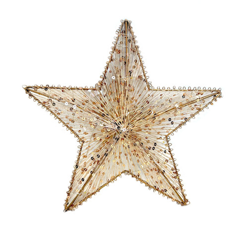 Gold wire star decoration adorned with sequins and fine metallic threads, perfect for festive or home décor displays.