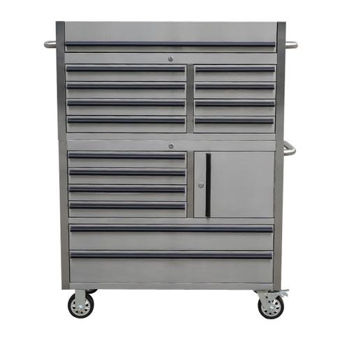 Stainless steel tool chest with multiple drawers and a cabinet, set on wheels for mobility. The sleek design conveys functionality and organization.