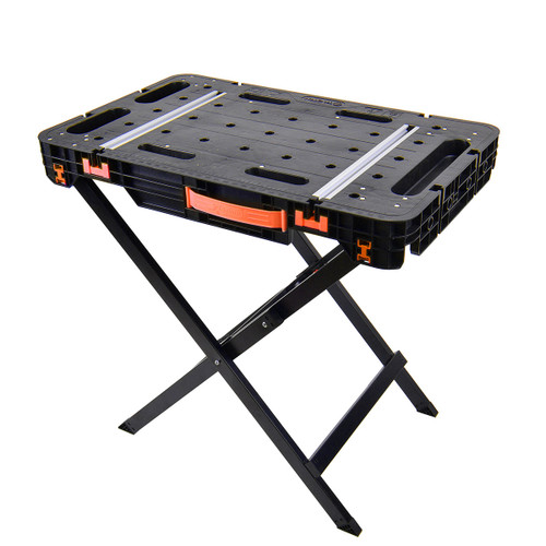 Foldable black workbench with sturdy metal legs and orange accents. The top has multiple holes and slots for tools, showcasing a practical and functional design.