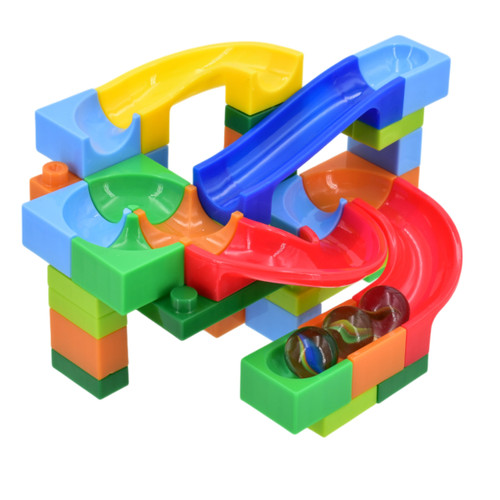 Brightly colored plastic marble run toy with interlocking pieces featuring red, blue, green, yellow tracks and three marbles, creating a playful look.