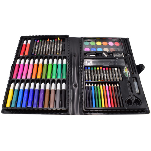 Art set with various coloured markers, pencils, and crayons neatly arranged in a black plastic case. Items include paints, rubber, scissors, and clips.