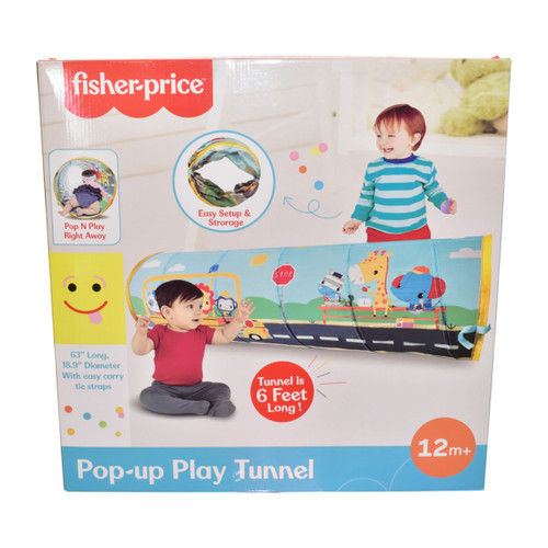 Packaging of a Fisher-Price Pop-up Play Tunnel. Features a colorful tunnel with animal illustrations. A smiling toddler plays near it. Suitable for ages 12 months and up.