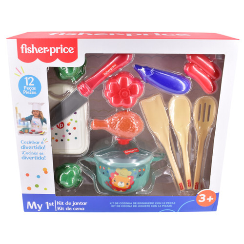 Fisher-Price My 1st Dinner Kit for ages 3+, includes 12 colorful toy utensils and food items in a box with playful illustrations and a cheerful tone.