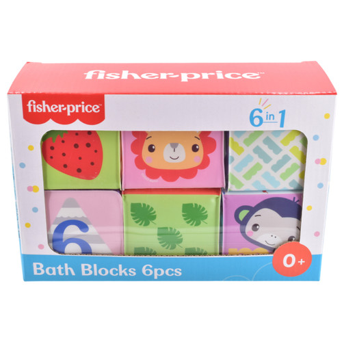 Colorful Fisher-Price Bath Blocks set of six. Features cute animal faces, numbers, and patterns in a bright box labeled "0+" for ages 0 and up.